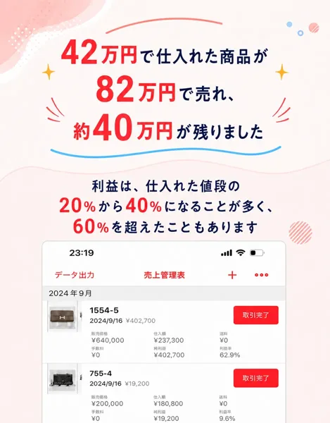神速物販プログラムの広告。42万円で仕入れた商品が82万円で売れ約40万円が残りました、利益は仕入れた値段の20%から40%になることが多く60%を超えたこともあります、と書かれ、2024年9月の売上管理の画面が並ぶ