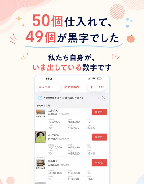 神速物販プログラムの広告。50個仕入れて49個が黒字でした、私たち自身がいま出している数字です、という見出しの下に、エルメスやヴィトンの販売価格と仕入額と利益が並ぶ売上管理の画面