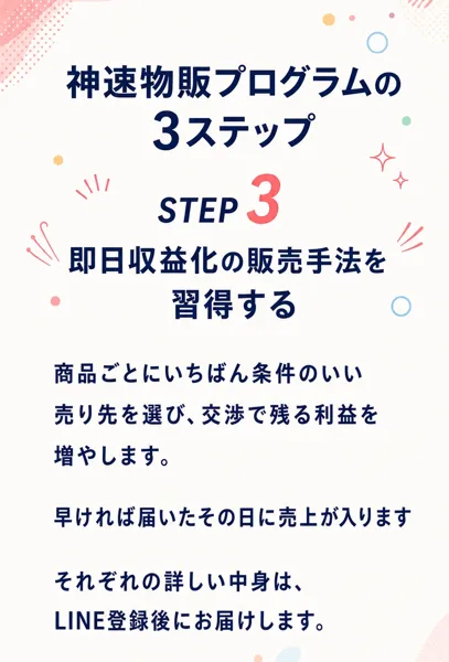 神速物販プログラムの広告の3ステップ。STEP3即日収益化の販売手法を習得する、それぞれの詳しい中身はLINE登録後にお届けしますと書かれている