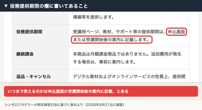 シンゼロアカデミーの特定商取引法に基づく表示。役務提供期間の欄に、受講用ページ・教材・サポート等の提供期間は申込画面または受講開始後の案内に記載しますと書かれ、赤い枠で囲まれている