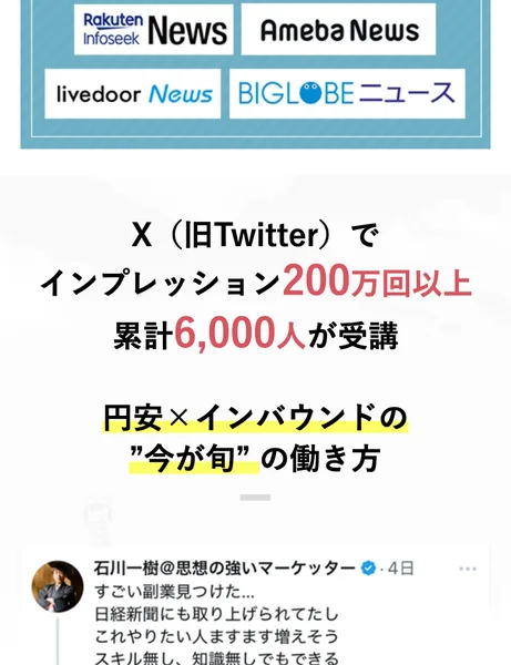 広告の実績の欄。Xで200万回以上表示され、受講は6,000人に達したと書いてある