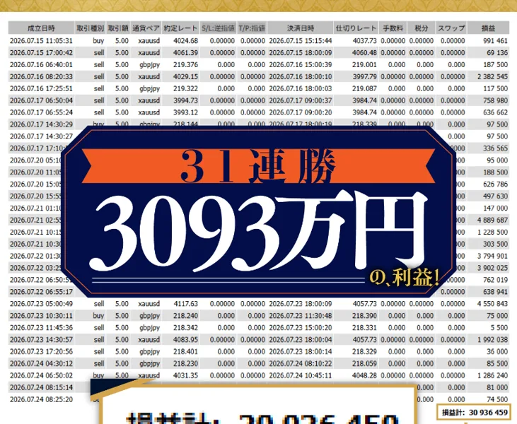広告の31連勝3093万円の利益の画像。後ろの取引記録の取引額の列は、どの行も5.00になっている