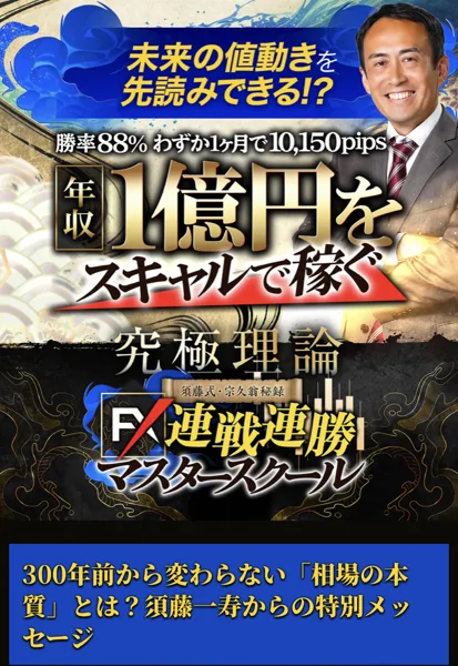 須藤一寿の特設サイトの上の部分。未来の値動きを先読みできる、勝率88%、年収1億円をスキャルで稼ぐ究極理論、FX連戦連勝マスタースクールと書かれている