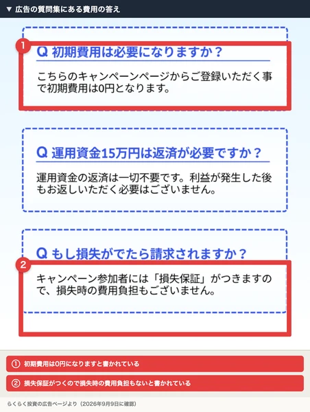 らくらく投資の広告の質問集。初期費用は0円になります、損失保証がつくので損失時の費用負担もありませんと書かれ、それぞれに赤枠が付いている
