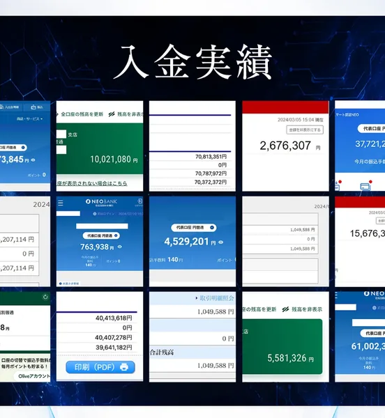 LIGHTNINGの広告の入金実績。銀行アプリの残高画面のスクリーンショットが十数枚並び、10,021,080円や4,529,201円といった金額が表示されている