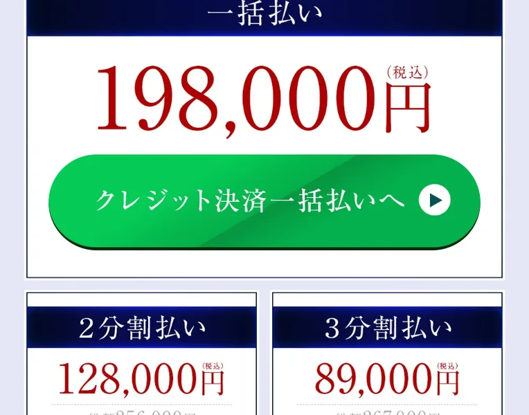 LIGHTNINGのお申込みページのクレジット決済の欄。一括払い198,000円(税込)と赤い大きな文字で表示され、その下にクレジット決済一括払いへというボタンがある