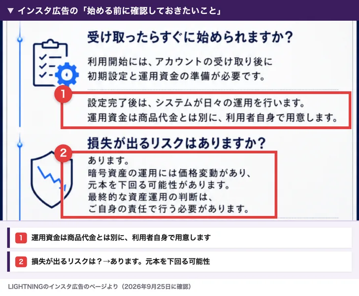 インスタ広告の始める前に確認しておきたいこと。運用資金は商品代金とは別に利用者自身で用意します、損失が出るリスクはありますか、あります、元本を下回る可能性がありますと書かれている