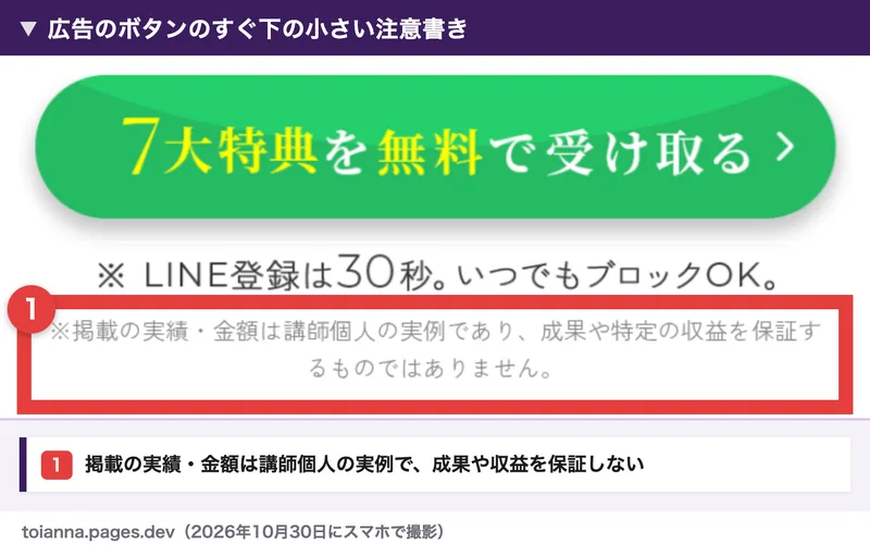 トイアンナの広告のボタンの下の注意書き。掲載の実績・金額は講師個人の実例であり、成果や特定の収益を保証するものではありません