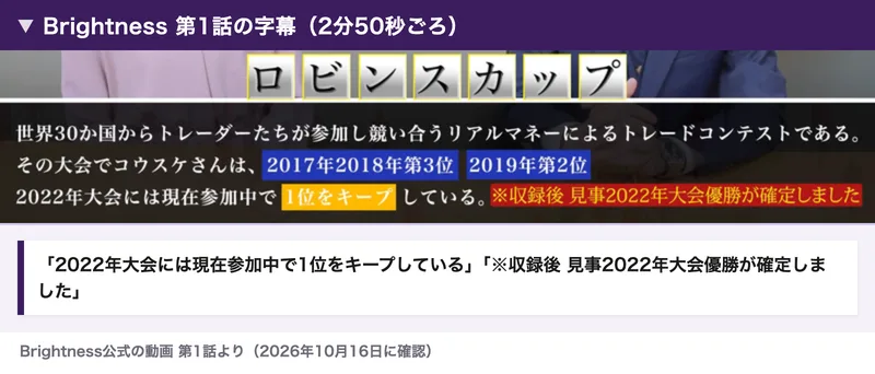 ブライトネスの動画第1話の字幕。2022年大会には現在参加中で1位をキープしている、収録後 見事2022年大会優勝が確定しました、と書かれている