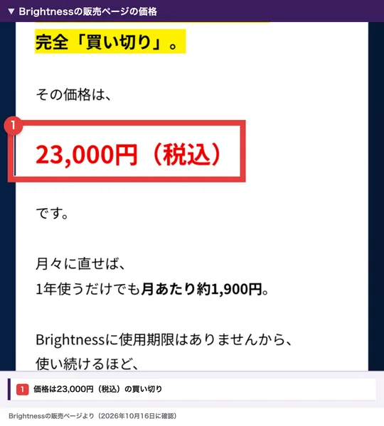 ブライトネスの販売ページの価格。その価格は23,000円(税込)です、月々に直せば1年使うだけでも月あたり約1,900円、と書かれた部分を赤枠で囲んだもの
