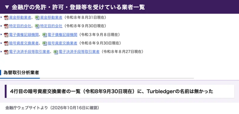 金融庁の免許・許可・登録等を受けている業者一覧のページ。暗号資産交換業者の一覧が令和8年9月30日現在で公開されている
