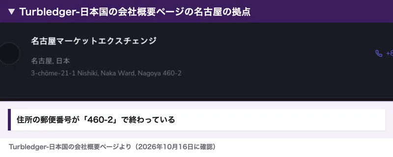 Turbledger-日本国の会社概要ページの名古屋マーケットエクスチェンジ。住所は3-chōme-21-1 Nishiki, Naka Ward, Nagoya 460-2と書かれている