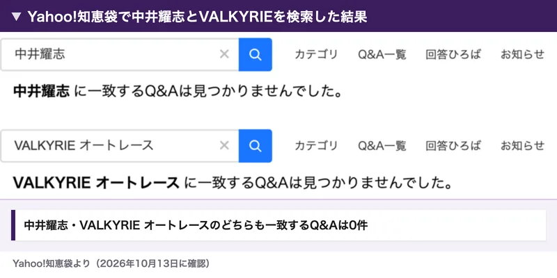 Yahoo!知恵袋で中井耀志とVALKYRIE オートレースを検索した結果。どちらも一致するQ&Aは見つかりませんでしたと表示されている