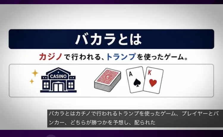 VALKYRIEの説明動画。バカラとはという見出しの下に、カジノで行われるトランプを使ったゲームという説明とカジノとトランプのイラストが表示されている