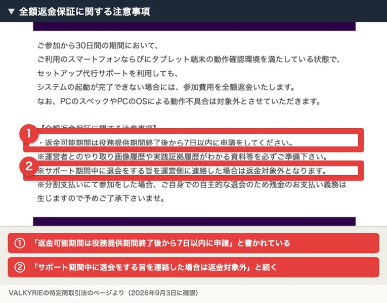 VALKYRIEの特定商取引法のページの全額返金保証に関する注意事項。返金可能期間は役務提供期間終了後から7日以内に申請してください、サポート期間中に退会をする旨を運営側に連絡した場合は返金対象外となります、分割支払いにて参加をした場合は自主的な退会のため残金の支払い義務が生じますと書かれている
