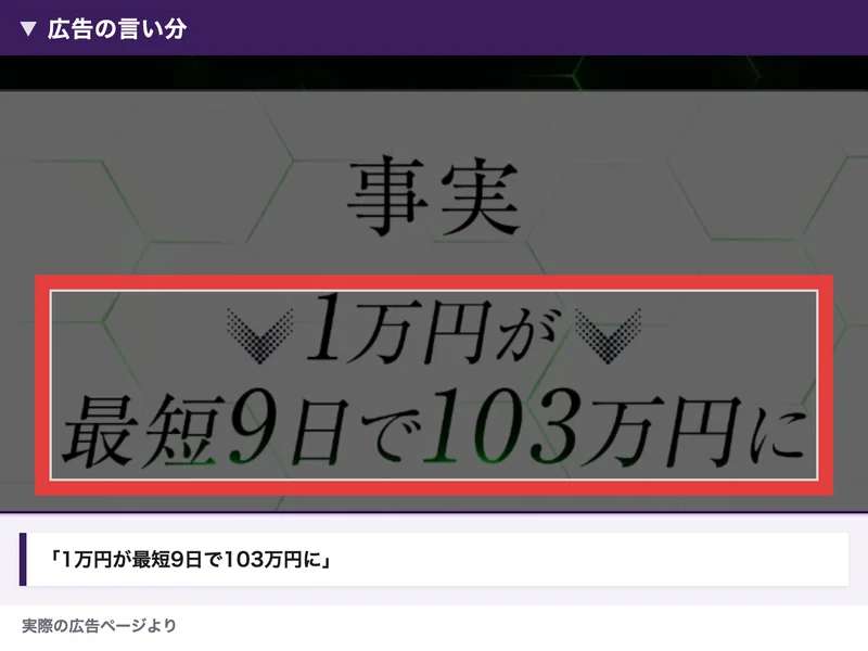 MATRIXの広告の一部。事実、1万円が最短9日で103万円にと書かれている