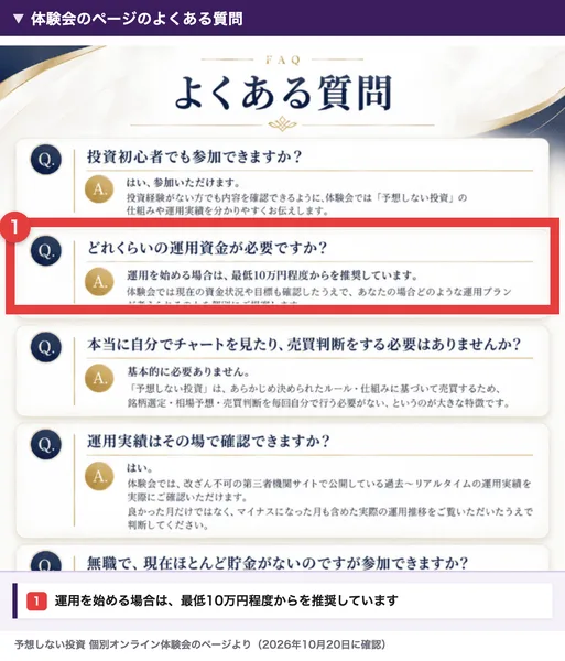 体験会のページのよくある質問。どれくらいの運用資金が必要ですかに、運用を始める場合は最低10万円程度からを推奨していますと書かれている
