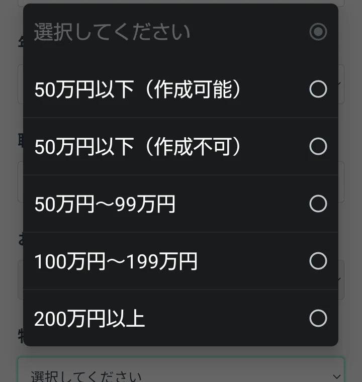 回答フォームの物販に使えるクレジットカード枠に50万円以下から200万円以上の選択肢が並ぶ