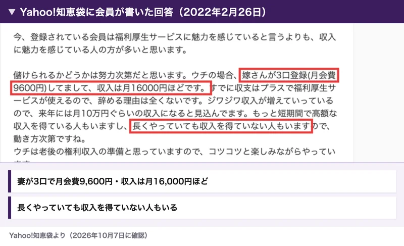 Yahoo!知恵袋に会員が書いた回答（2022年2月26日）。嫁さんが3口登録（月会費9600円）で収入は月16000円ほど、長くやっていても収入を得ていない人もいる、の2か所が赤枠で囲まれている
