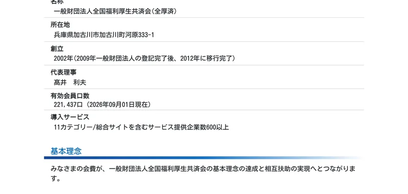 全国福利厚生共済会の会概要。名称は一般財団法人全国福利厚生共済会、所在地は兵庫県加古川市加古川町河原333-1、創立2002年、代表理事 髙井利夫、有効会員口数221,437口と並んでいる