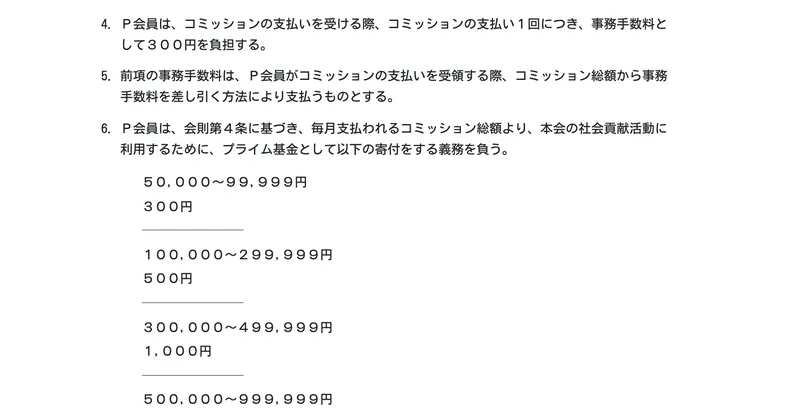 全国福利厚生共済会のプライム倶楽部会員規約。コミッションの支払い1回につき事務手数料として300円を負担すること、コミッション総額よりプライム基金として寄付をする義務を負うことと、金額の表が並んでいる